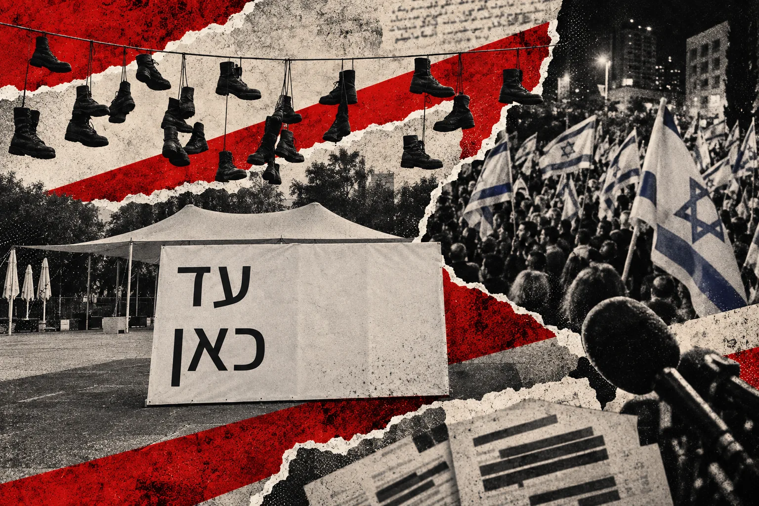 קולאז׳ מערכתי: מיצג נעלי המילואים, קהל מפגינים ומיקרופון