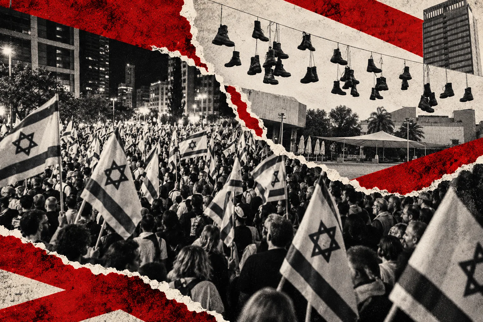 קולאז׳ מערכתי: הפגנות קפלן ומיצג מחאת המילואים